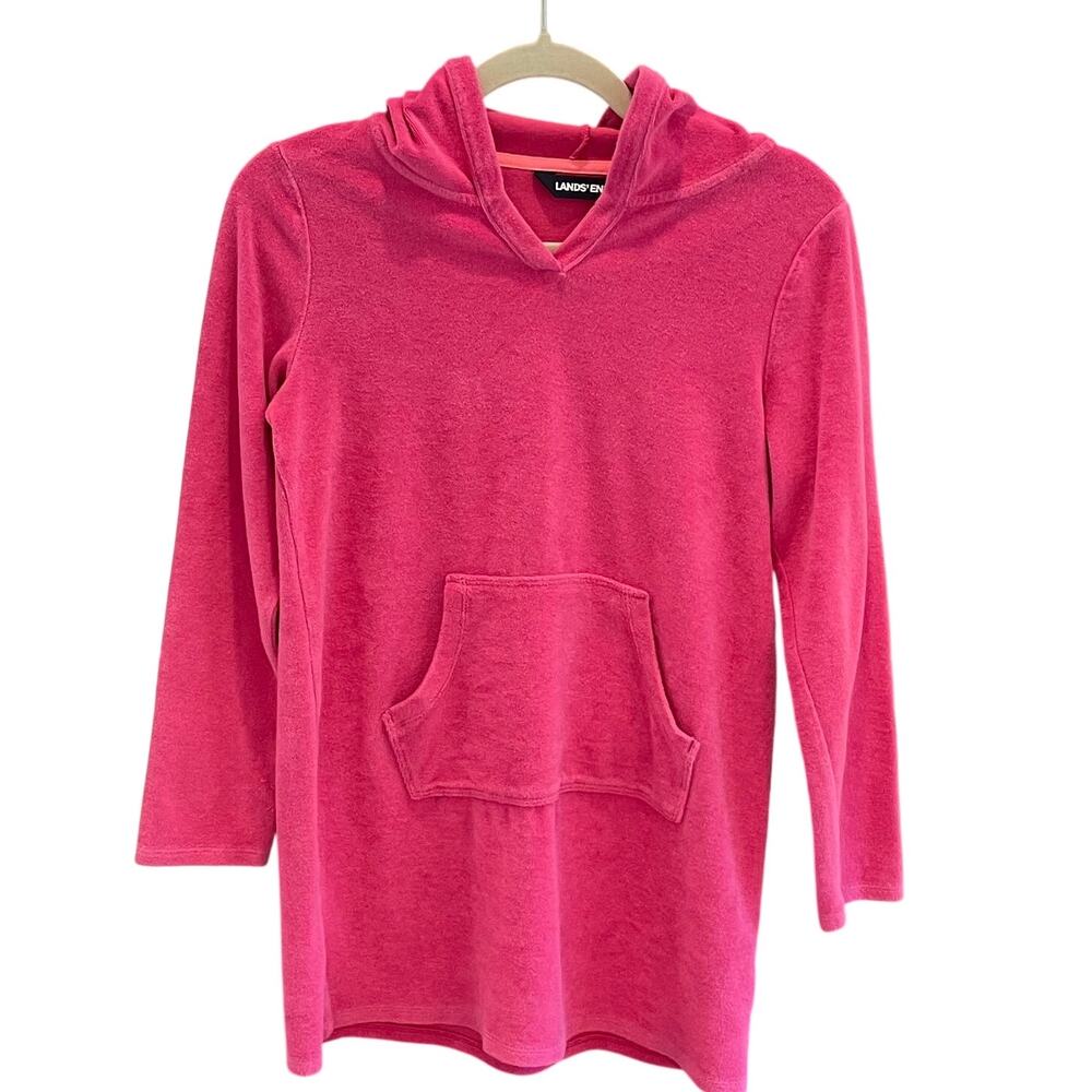 Lands' End Girls Pink Long Sleeve Hooded Terry Cloth Swim Cover-Up, Pockets, 14